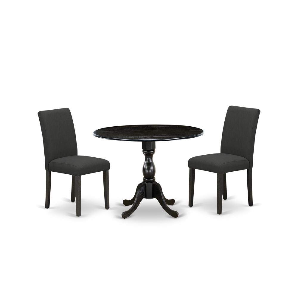 East West Furniture DMAB3-ABK-24 3 Piece Modern Dining Table Set Includes 1 Drop Leaves Dining Room Table and 2 Black Linen Fabric Padded Chair with High Back - Wire Brushed Black Finish. Picture 1