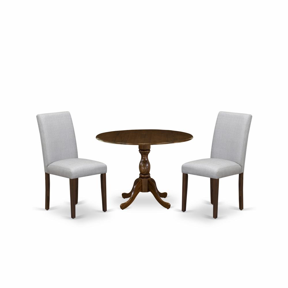 East West Furniture DMAB3-AWA-05 3 Piece Kitchen Table Set Includes 1 Drop Leaves Wood Table and 2 Grey Linen Fabric Parson Dining Room Chairs with High Back - Acacia Walnut Finish. Picture 1