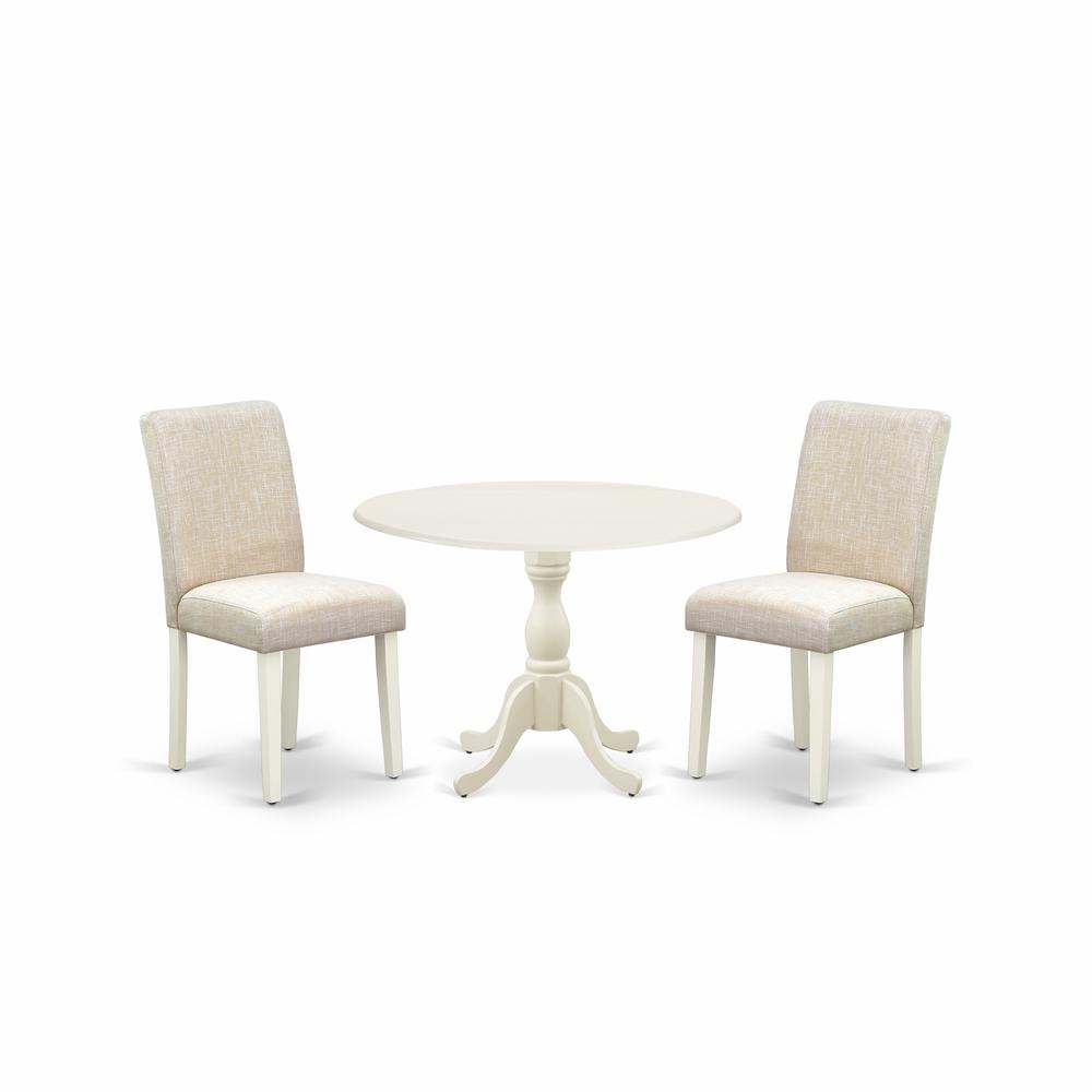 East West Furniture DMAB3-LWH-02 3 Piece Dining Room Set Includes 1 Drop Leaves Wood Table and 2 Light Beige Linen Fabric Dinning Chairs with High Back - Linen White Finish. Picture 1
