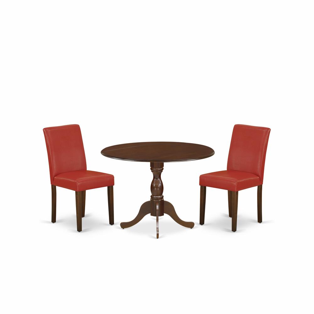East West Furniture DMAB3-MAH-72 3 Piece Kitchen Table Set Includes 1 Drop Leaves Dining Room Table and 2 Firebrick Red PU Leather Upholstered Chair with High Back - Mahogany Finish. Picture 1