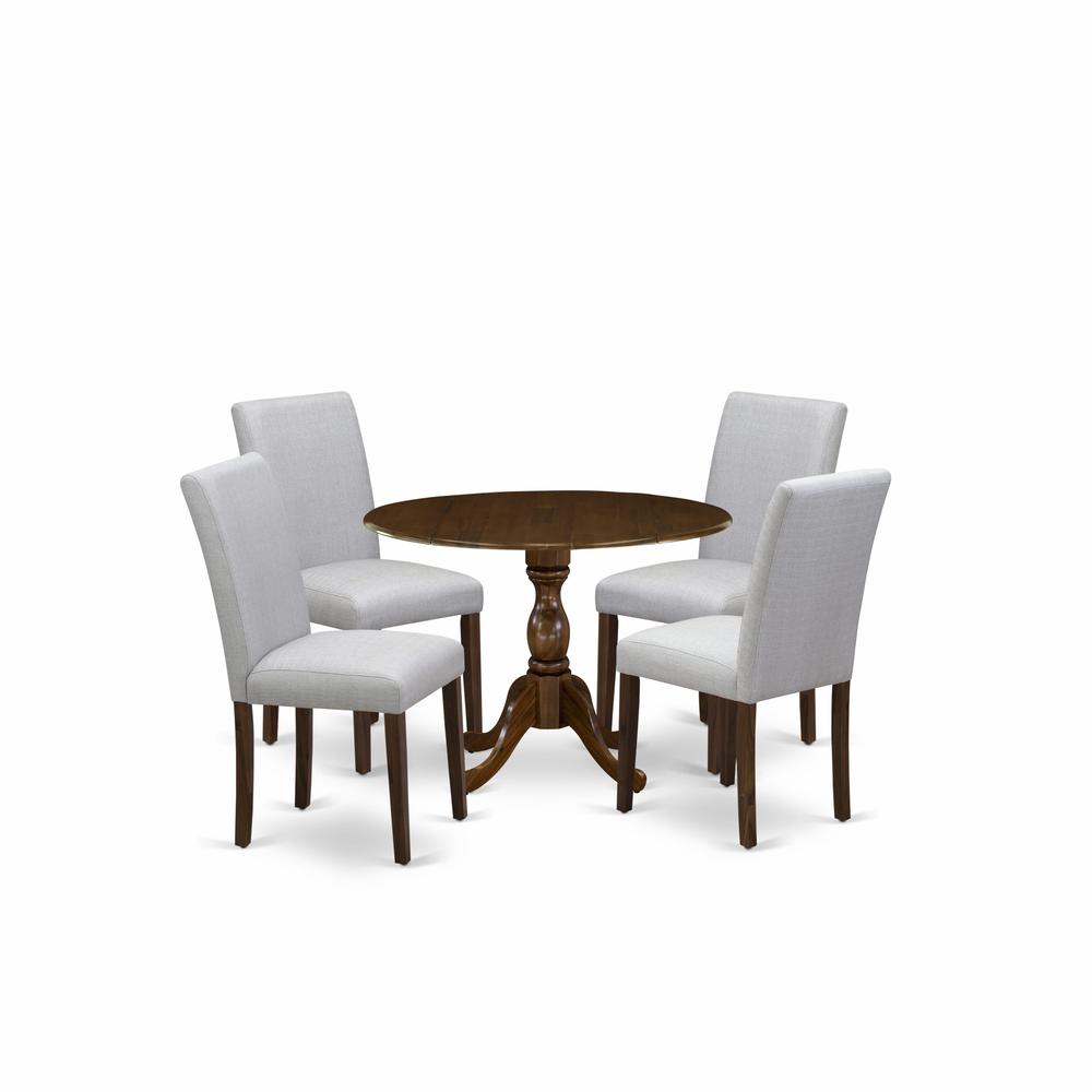 East West Furniture 5 Piece Kitchen Table Set Contains 1 Drop Leaves Wooden Table and 4 Grey Linen Fabric Parson Dining Chairs with High Back - Acacia Walnut Finish. Picture 1