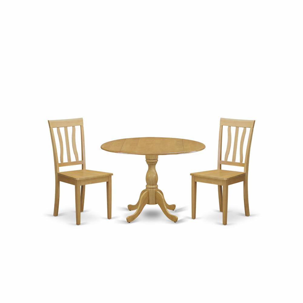 East West Furniture DMAN3-OAK-W 3 Pc Dining Room Set Set - Dropleaf Dinner Table and 2 Oak Wooden Chairs for Dining Room with Slatted Back- Oak Finish. Picture 1