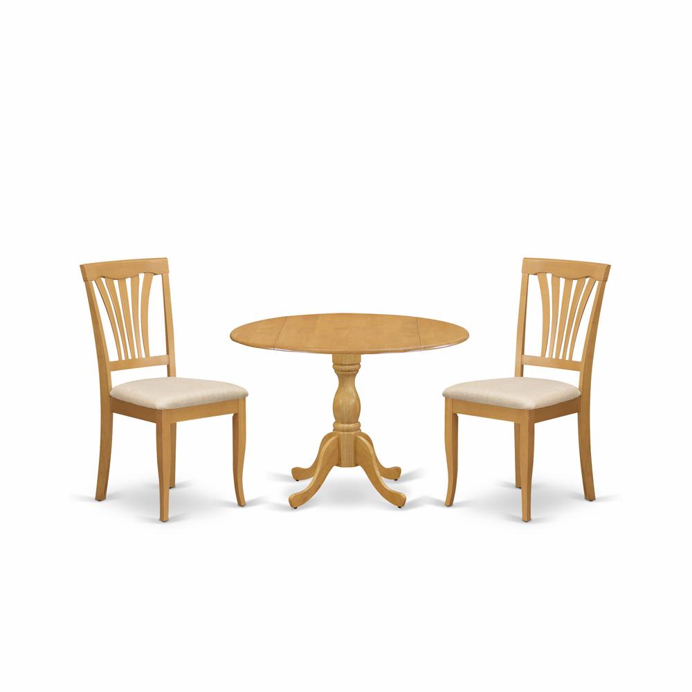 East West Furniture DMAV3-OAK-C 3 Piece Modern Dining Table Set - Oak Wood Table and 2 Oak Linen Fabric Modern Dining Chairs with Slatted Back - Oak Finish. Picture 1