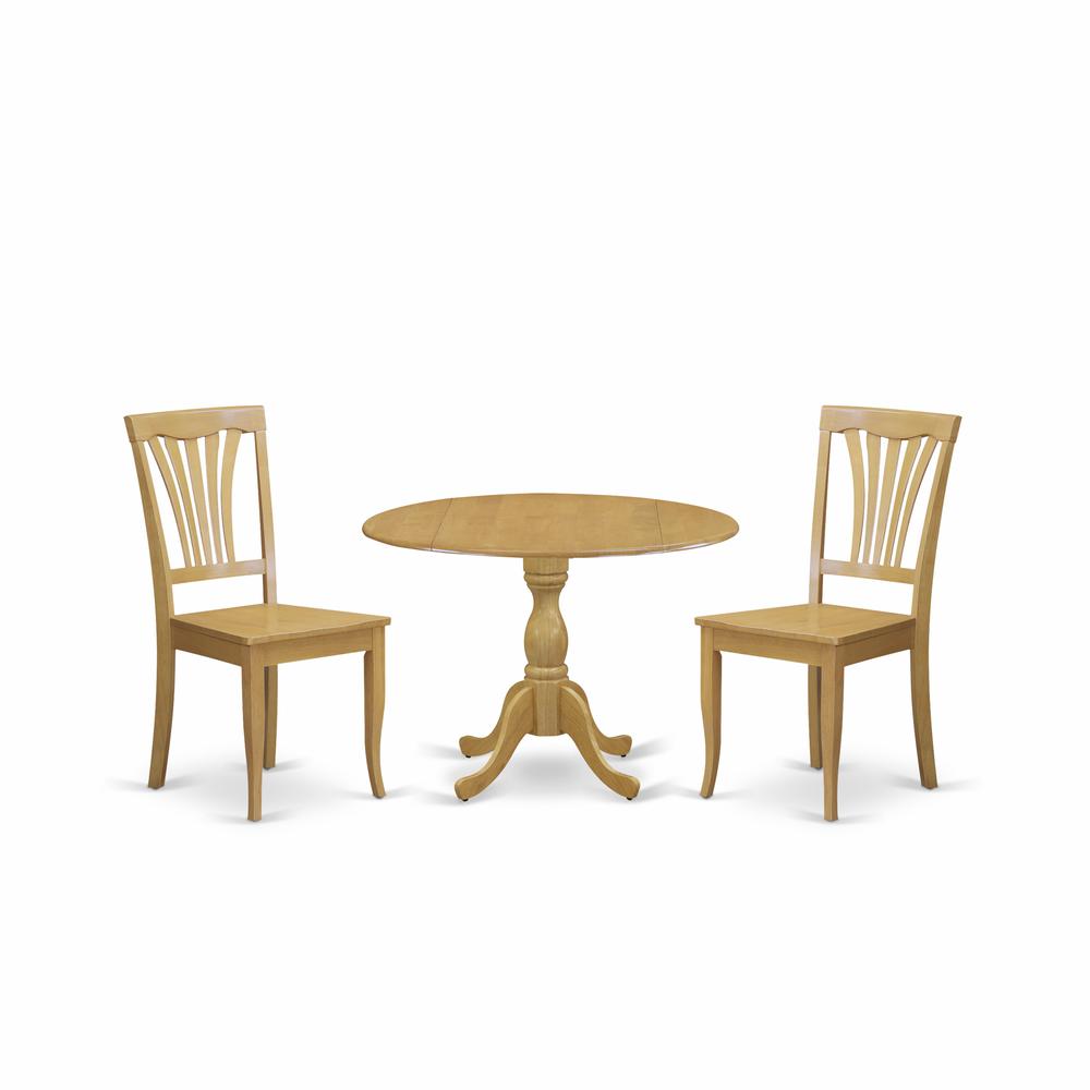 East West Furniture DMAV3-OAK-W 3 Piece Dining Room Table Set - Dropleaf Dining Room Table and 2 Oak Wooden Dining Chairs with Slatted Back - Oak Finish. Picture 1