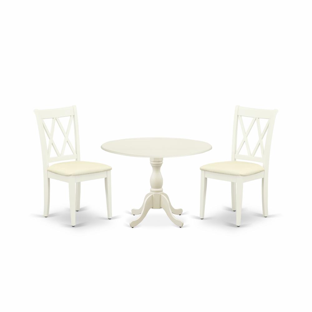 East West Furniture DMCL3-LWH-C 3 Piece Dining Room Table Set Includes 1 Drop Leaves Wood Dining Table and 2 Linen White Dinning Room Chairs with Double X-Back - Linen White Finish. Picture 1