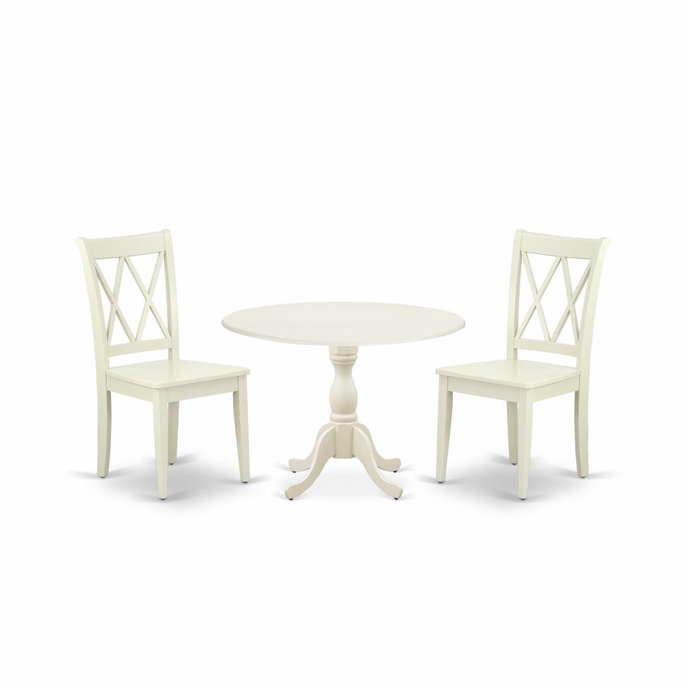 East West Furniture DMCL3-LWH-W 3 Piece Dining Set Contains 1 Drop Leaves Dining Room Table and 2 Linen White Dinning Room Chairs with Double X-Back - Linen White Finish. Picture 1