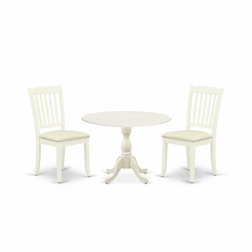 East West Furniture DMDA3-LWH-C 3 Piece Dining Room Table Set Includes 1 Drop Leaves Dining Room Table and 2 Linen White Wooden Dining Chairs with Slatted Back - Linen White Finish. Picture 1