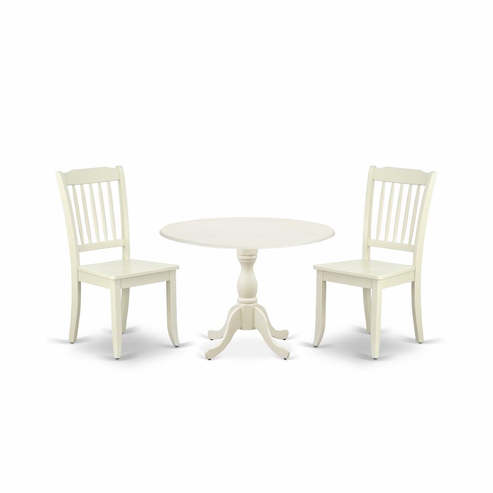 East West Furniture DMDA3-LWH-W 3 Piece Dining Table Set Consists of 1 Drop Leaves Wooden Dining Table and 2 Linen White Mid Century Modern Dining Chairs with Slatted Back - Linen White Finish. Picture 1