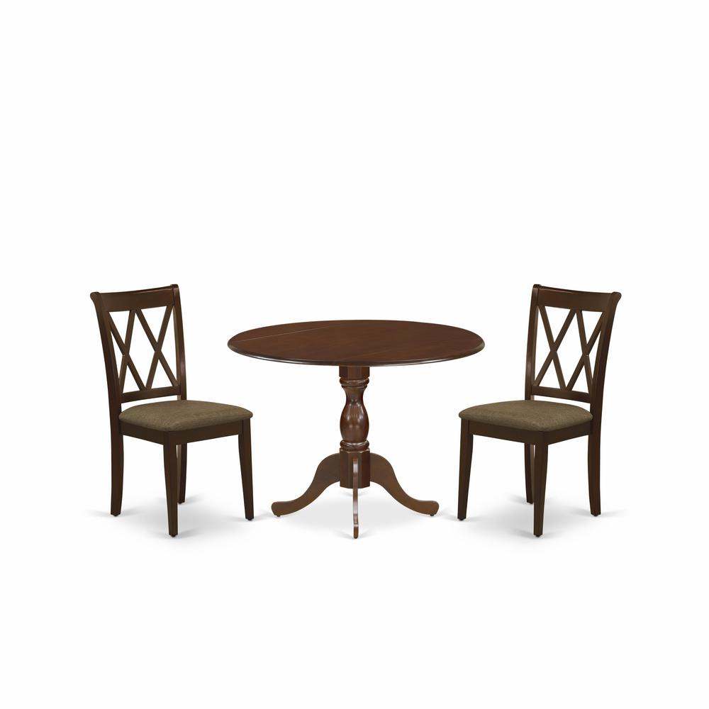 East West Furniture DMDA3-MAH-C 3 Piece Dining Table Set Includes 1 Drop Leaves Dining Room Table and 2 Mahogany Linen Fabric Dining Room Chairs with Slatted Back - Mahogany Finish. Picture 1
