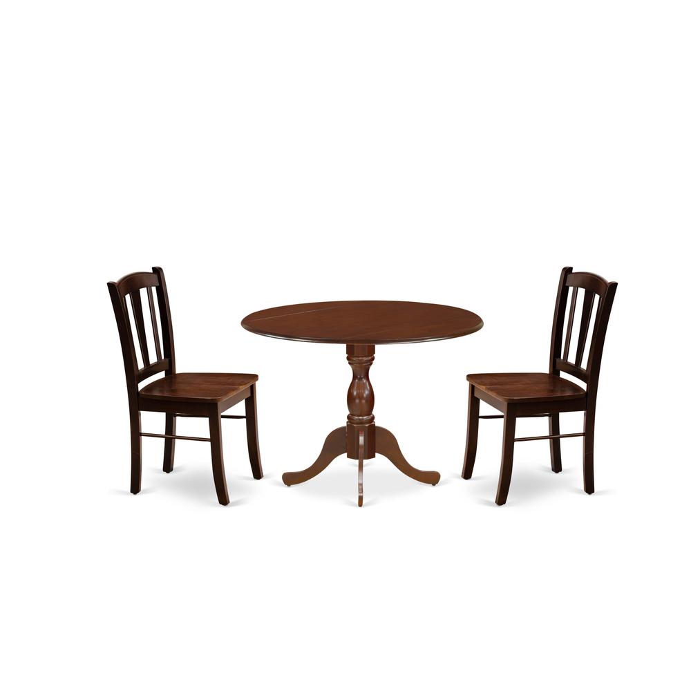 DMDL3-MAH-W - 3-Pc Dinette Set- 2 Mid Century Chair with Wooden Seat and Slatted Chair Back - Dropleafs dining table - Mahogany Finish. Picture 1