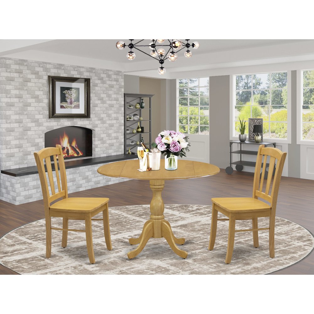East West Furniture 3-Piece Dining Room Set- 2 Wood Chair with Wooden Seat and Slatted Chair Back - Dropleafs Round Dining Table - Oak Finish. Picture 2