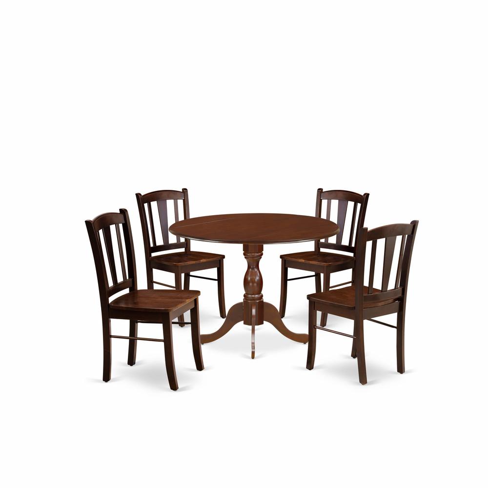 DMDL5-MAH-W - 5-Pc Kitchen Dining Room Set- 4 Dining Chairs with Wooden Seat and Slatted Chair Back - Dropleafs Dining Room Table - Mahogany Finish. Picture 1