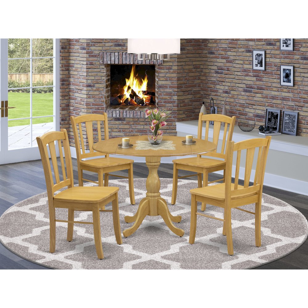 East West Furniture 5-Piece Dining Room Table Set- 4 Dining Chair with Wooden Seat and Slatted Chair Back - Dropleafs Dining Table - Oak Finish. Picture 2