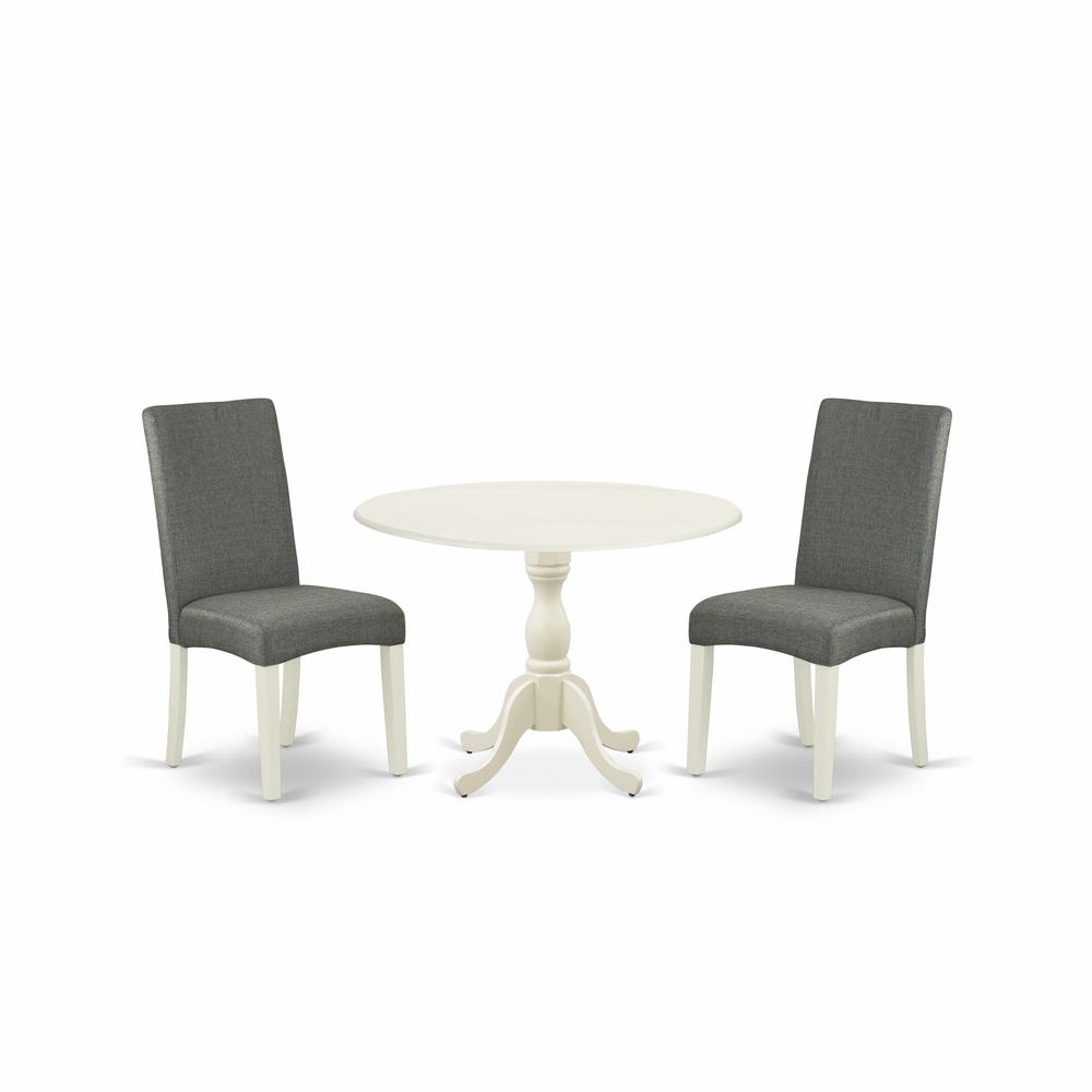East West Furniture DMDR3-LWH-07 3 Piece Wood Dining Table Set Includes 1 Drop Leaves Dining Room Table and 2 Grey Linen Fabric Padded Chair with High Back - Linen White Finish. Picture 1