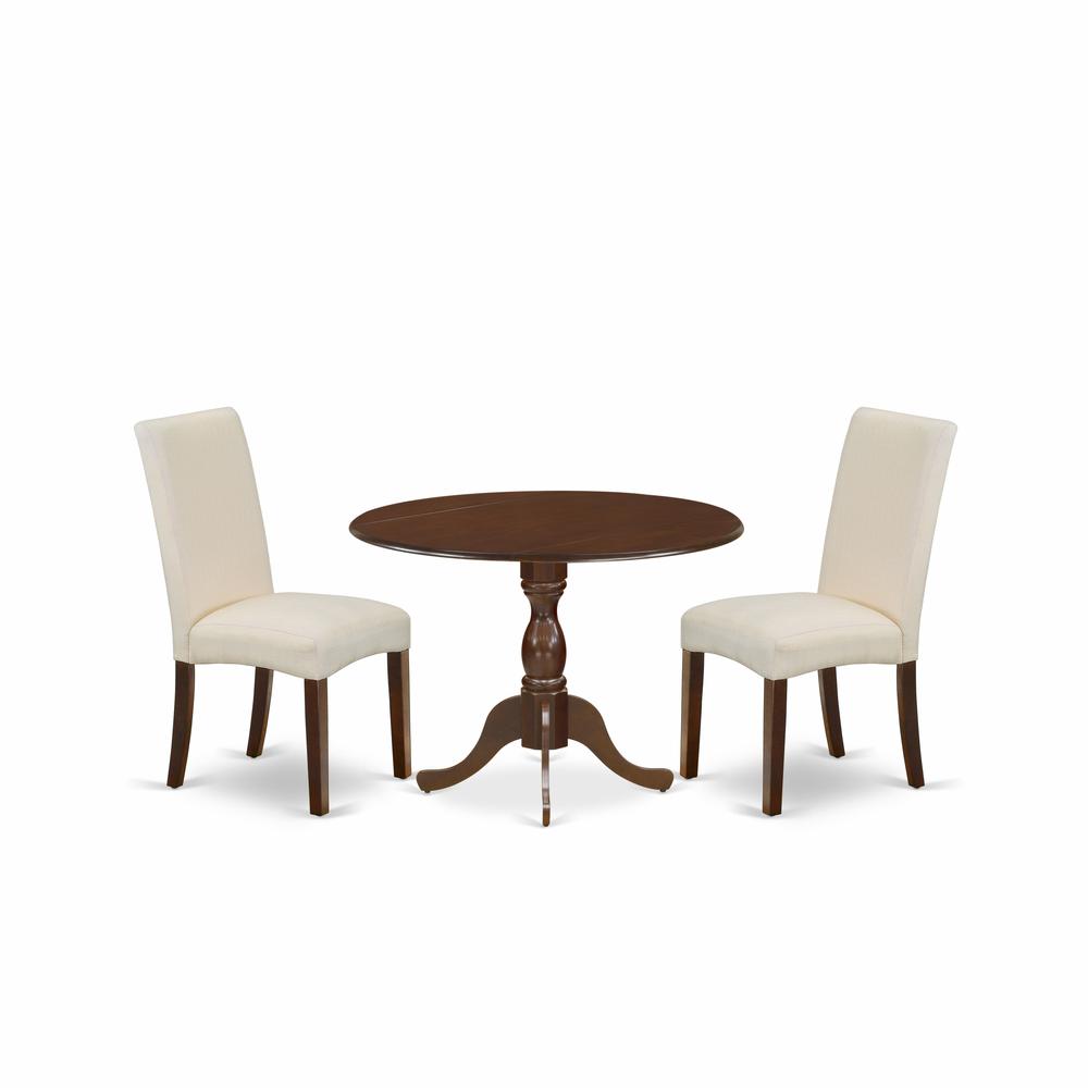 East West Furniture DMDR3-MAH-01 3 Piece Wooden Dining Table Set Includes 1 Drop Leaves Dining Table and 2 Cream Linen Fabric Upholstered Dining Chairs with High Back - Mahogany Finish. Picture 1