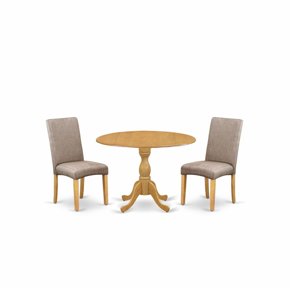East West Furniture DMDR3-OAK-16 3 Piece Table and Chairs Dining Set - Oak Modern Dining Table and 2 Dark Khaki Linen Fabric Modern Chairs with High Back - Oak Finish. Picture 1