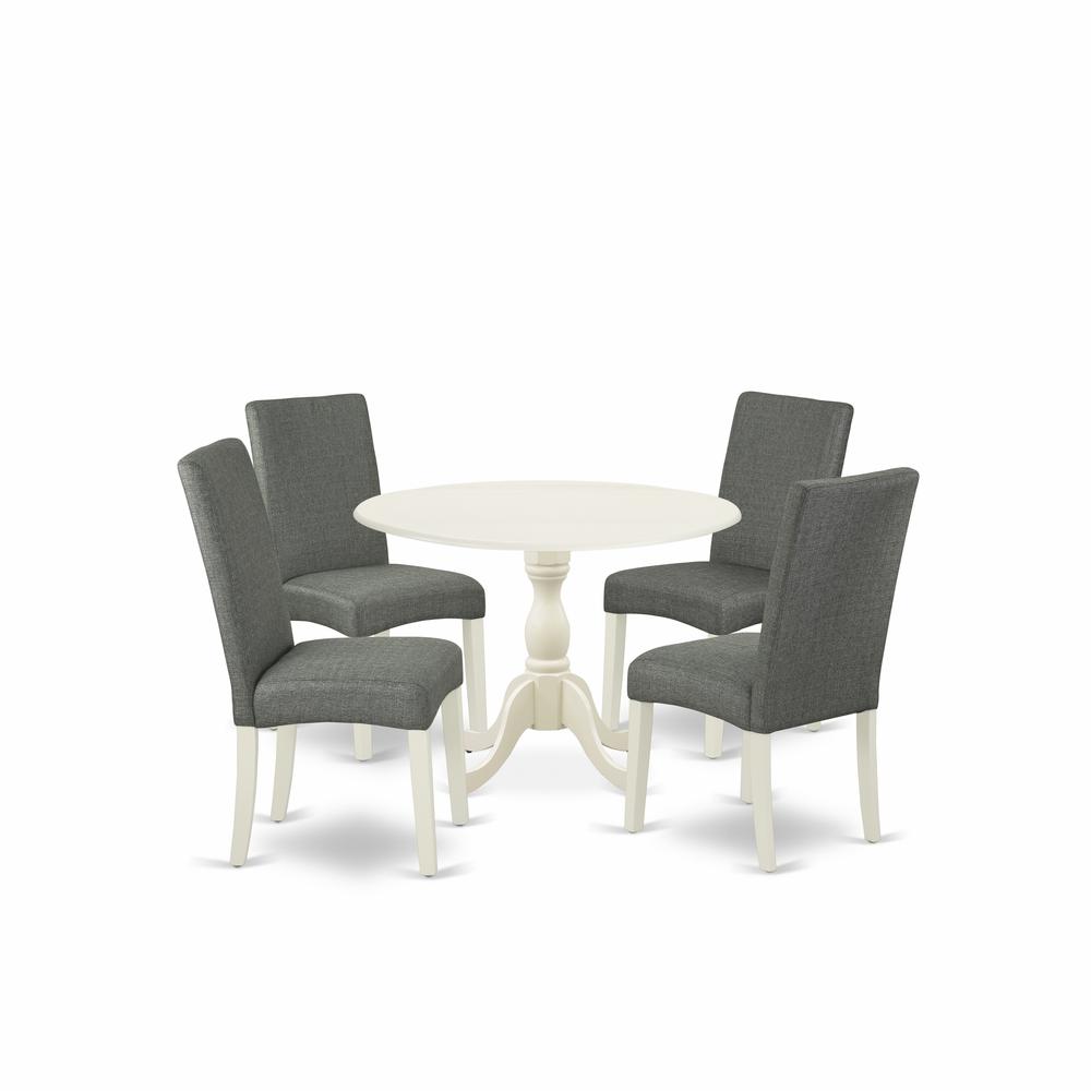 East West Furniture DMDR5-LWH-07 5 Piece Dining Table Set Consists of 1 Drop Leaves Wooden Table and 4 Grey Linen Fabric Dining Room Chairs with High Back - Linen White Finish. Picture 1