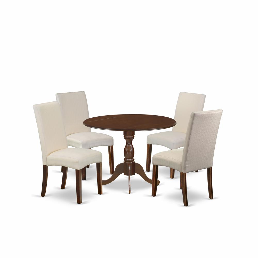 East West Furniture DMDR5-MAH-01 5 Piece Dining Set Consists of 1 Drop Leaves Dining Table and 4 Cream Linen Fabric Dinning Chairs with High Back - Mahogany Finish. Picture 1