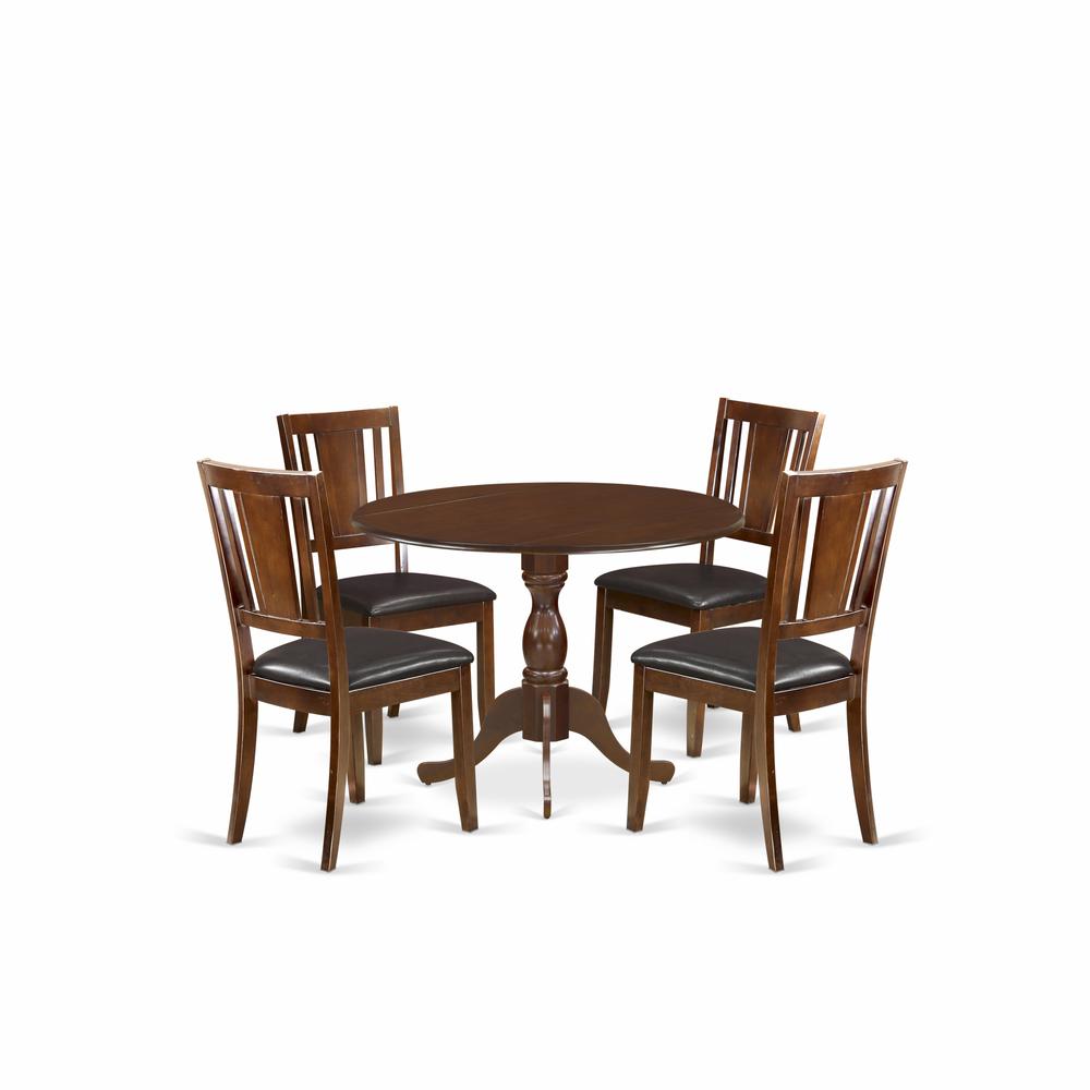 5 Piece Wood Dining Table Set Consists of 1 Drop Leaves Wooden Dining Table and 4 Mahogany Faux Leather Dining Chair with Panel Back - Mahogany Finish. Picture 1