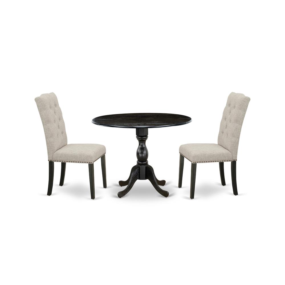 East West Furniture DMEL3-ABK-35 3 Piece Wood Dining Table Set Includes 1 Drop Leaves Dining Table and 2 Doeskin Linen Fabric Dining Room Chair with High Back - Wire Brushed Black Finish. Picture 1