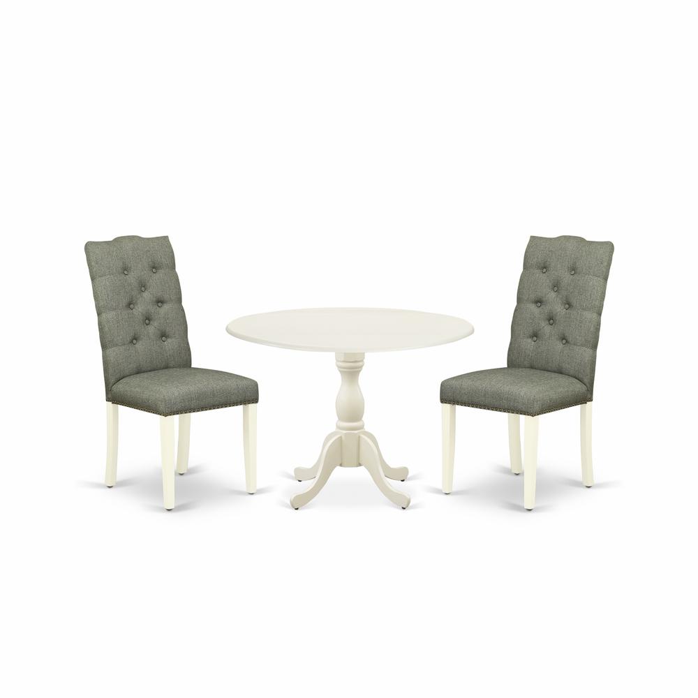 East West Furniture DMEL3-LWH-07 3 Piece Dining Room Set Consists of 1 Drop Leaves Dining Table and 2 Smoke Linen Fabric Parson Dining Chairs Button Tufted Back with Nail Heads - Linen White Finish. Picture 1