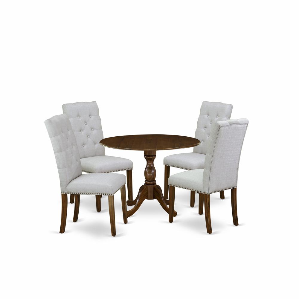 East West Furniture 5 Piece Dining Room Set Contains 1 Drop Leaves Dining Table and 4 Grey Linen Fabric Kitchen Chairs Button Tufted Back white Nail Heads - Acacia Walnut Finish. Picture 1