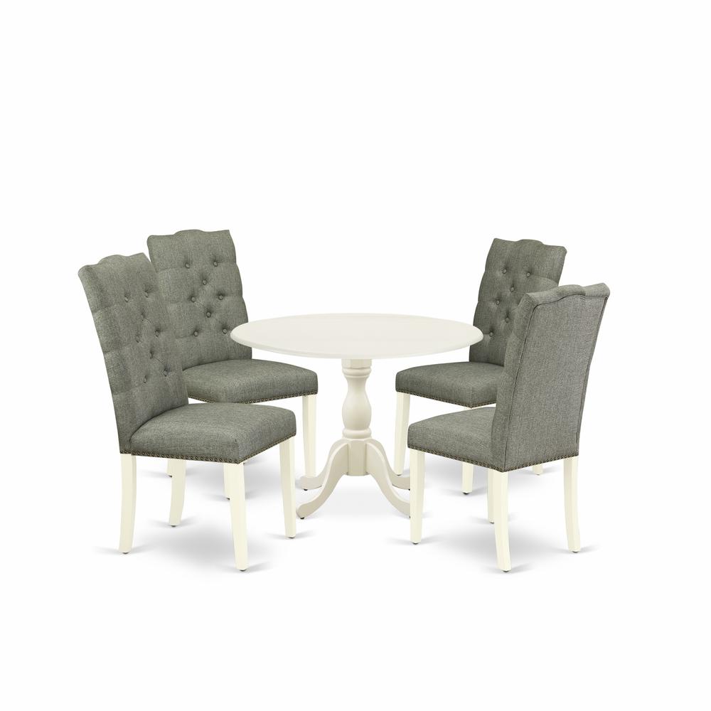 East West Furniture DMEL5-LWH-07 5 Piece Dining Table Set Includes 1 Drop Leaves Wooden Table and 4 Smoke Linen Fabric Dining Room Chairs Button Tufted Back with Nail heads - Linen White Finish. Picture 1