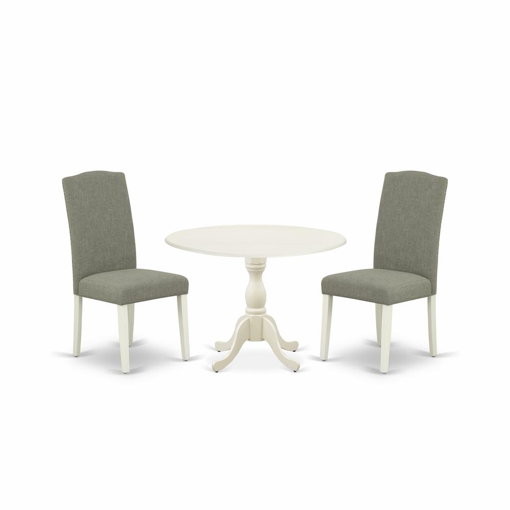 East West Furniture DMEN3-LWH-06 3 Piece Dinette Sets Contains 1 Drop Leaves Wooden Table and 2 Dark Shitake Linen Fabric Parsons Chair High Back with Nail Heads - Linen White Finish. Picture 1