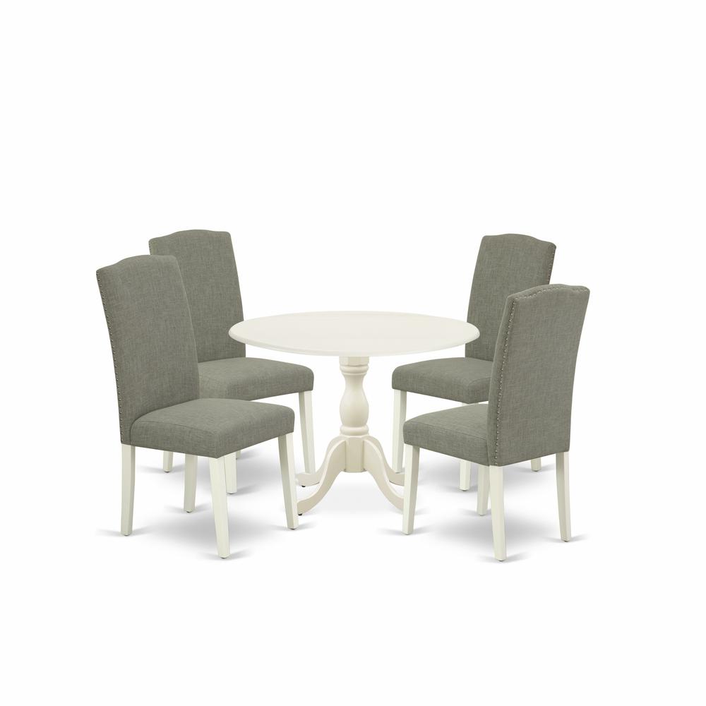 East West Furniture DMEN5-LWH-06 5 Piece Dining Room Table Set Includes 1 Drop Leaves Wooden Dining Table and 4 Dark Shitake Linen Fabric Dining Chair High Back with Nail Heads - Linen White Finish. Picture 1