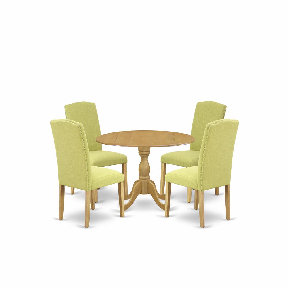 East West Furniture DMEN5-OAK-07 5 Piece Dining Table Set - Oak Round Dining Table and 4 Limelight Linen Fabric Dining Room Chairs with High Back - Oak Finish. Picture 1