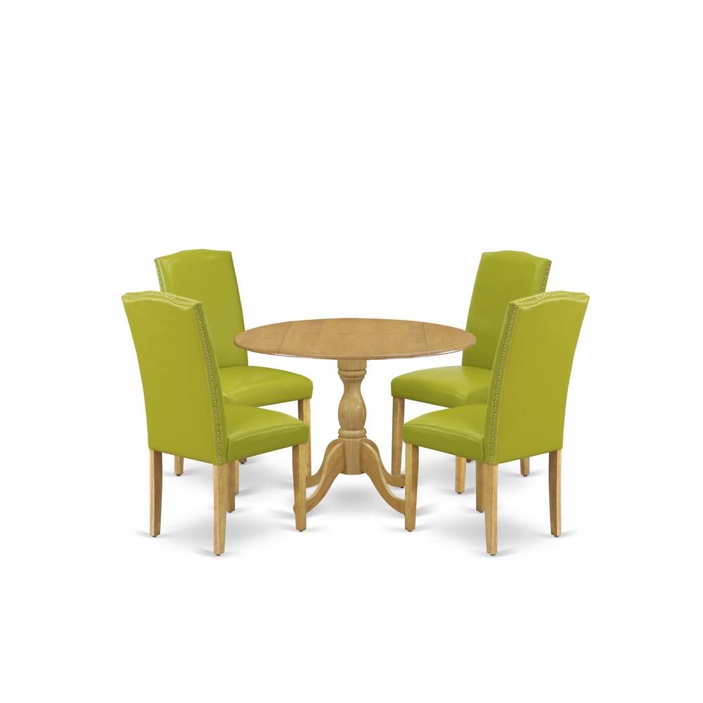 East West Furniture DMEN5-OAK-51 5 Piece Modern Dining Table Set - Oak Breakfast Table and 4 Autumn Green PU Leather Dining Chairs with High Back - Oak Finish. Picture 1