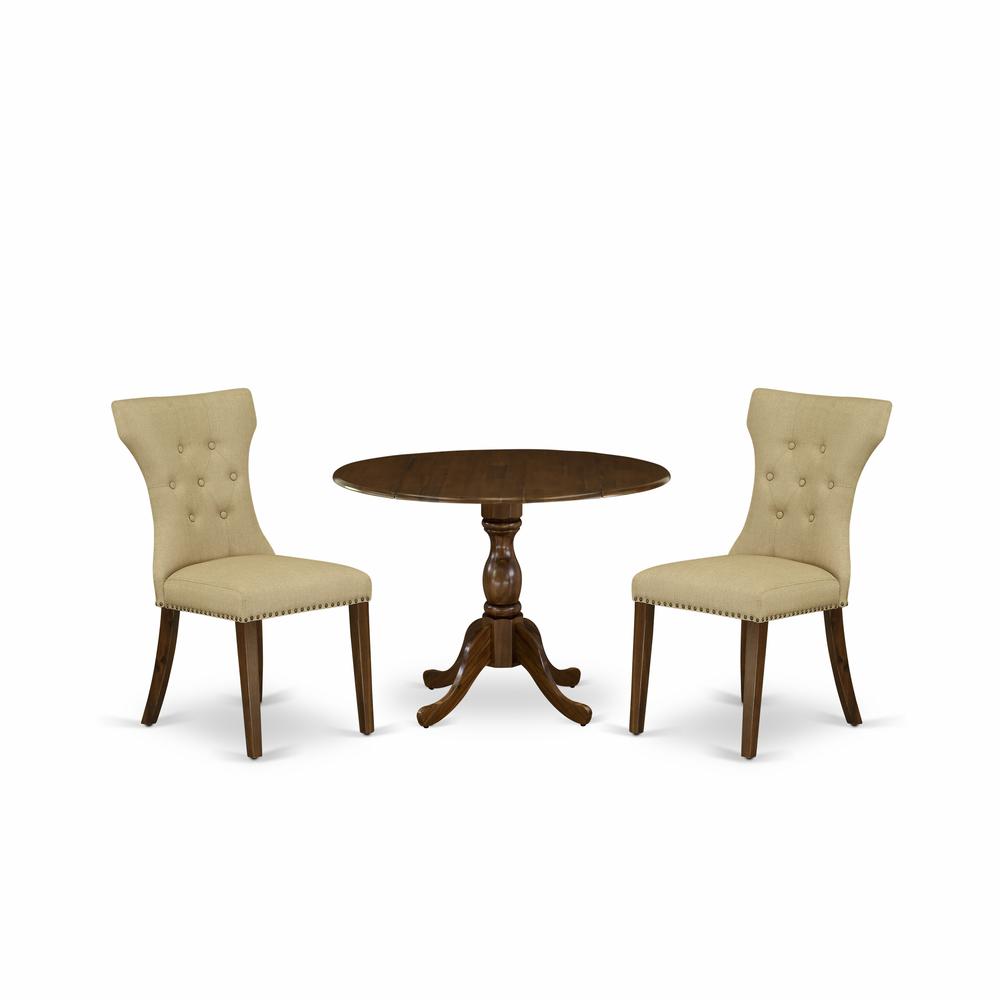 East West Furniture DMGA3-AWA-03 3 Piece Modern Dining Table Set Contains 1 Drop Leaves Dining Table and 2 Brown Linen Fabric Kitchen Chair Button Tufted Back with Nail Heads - Acacia Walnut Finish. Picture 1
