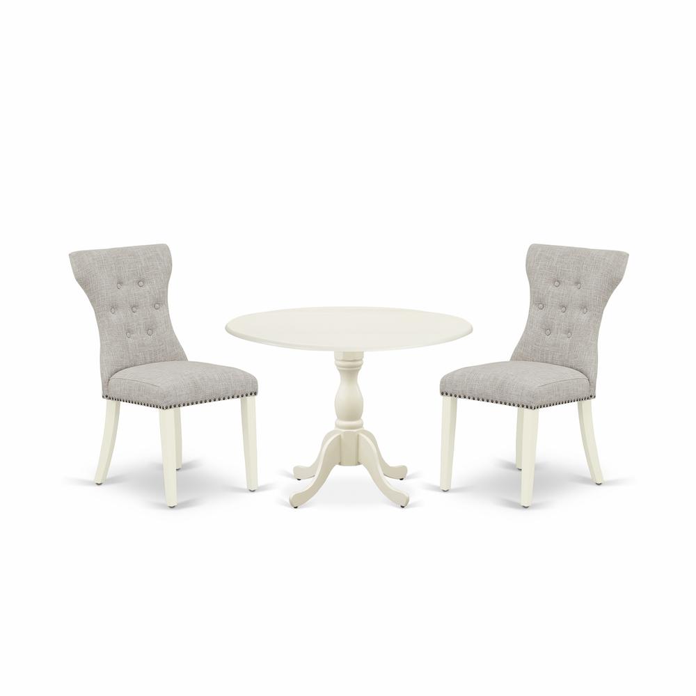 East West Furniture DMGA3-LWH-35 3 Piece Kitchen Table Set Contains 1 Drop Leaves Dining Table and 2 Doeskin Linen Fabric Parsons Chair Button Tufted Back with Nail Heads - Linen White Finish. Picture 1