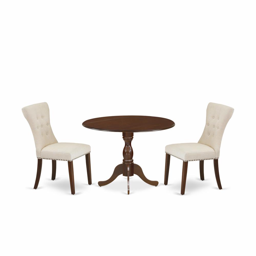 East West Furniture DMGA3-MAH-32 3 Piece Modern Dining Table Set - Mahogany Dinning Table and 2 Light Tan Linen Fabric Upholstered Dining Chairs Button Tufted Back with Nail Heads - Mahogany Finish. Picture 1
