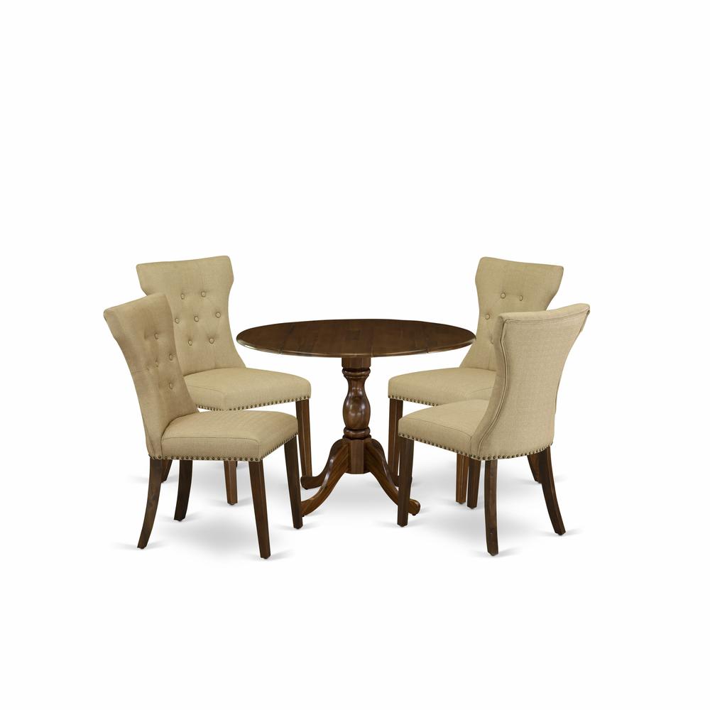 East West Furniture 5 Piece Wood Dining Table Set Contains 1 Drop Leaves Dining Table and 4 Brown Linen Fabric Kitchen Chair Button Tufted Back with Nail Heads - Acacia Walnut Finish. Picture 1