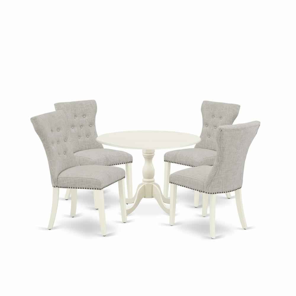 East West Furniture DMGA5-LWH-35 5 Piece Dinning Table Set Consists of 1 Drop Leaves Dining Table and 4 Doeskin Linen Fabric Parson Chairs Button Tufted Back with Nail Heads - Linen White Finish. Picture 1