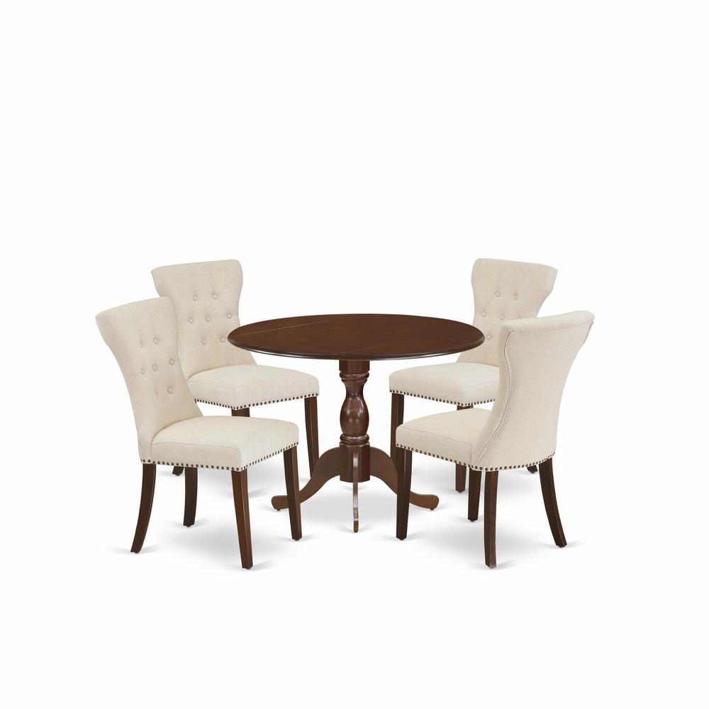 East West Furniture DMGA5-MAH-32 5 Piece Kitchen Table Set - Mahogany Small Kitchen Table and 4 Light Tan Linen Fabric Chairs for Dining Room Button Tufted Back with Nail Heads - Mahogany Finish. Picture 1