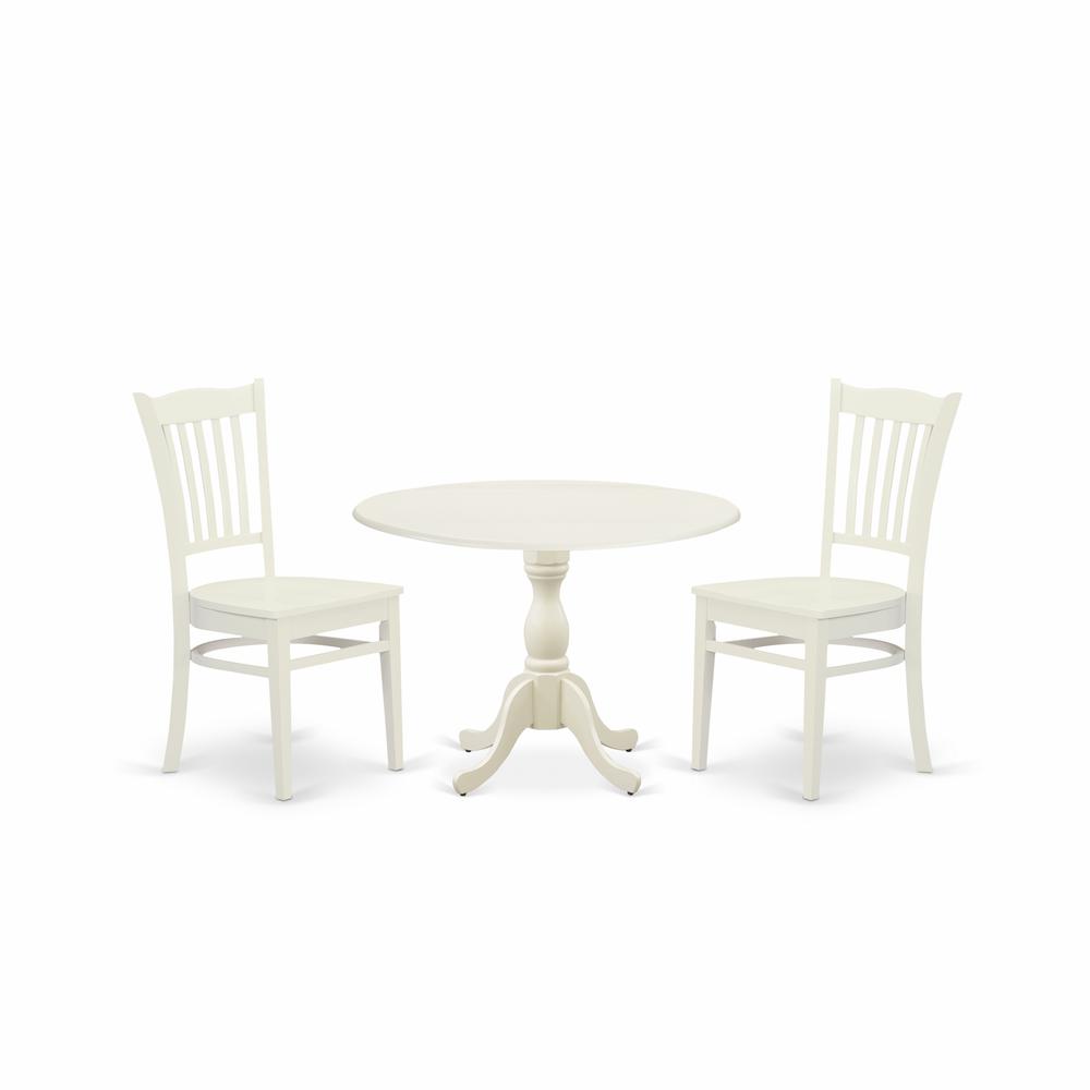 East West Furniture DMGR3-LWH-W 3 Piece Dinette Set Contains 1 Drop Leaves Modern Dining Table and 2 Black Wooden Dining Chairs with Slatted Back - Linen White Finish. Picture 1
