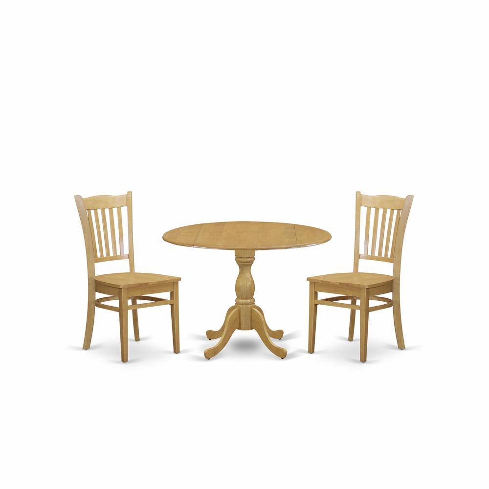 East West Furniture DMGR3-OAK-W 3 Piece Dining Room Table Set - Oak Dining Room Table and 2 Oak Modern Dining Room Chairs with Slatted Back - Oak Finish. Picture 1
