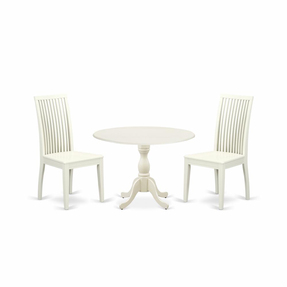 East West Furniture DMIP3-LWH-W 3 Piece Dinette Set Contains 1 Drop Leaves Dining Room Table and 2 Black Dinning Chairs with Slatted Back - Linen White Finish. Picture 1