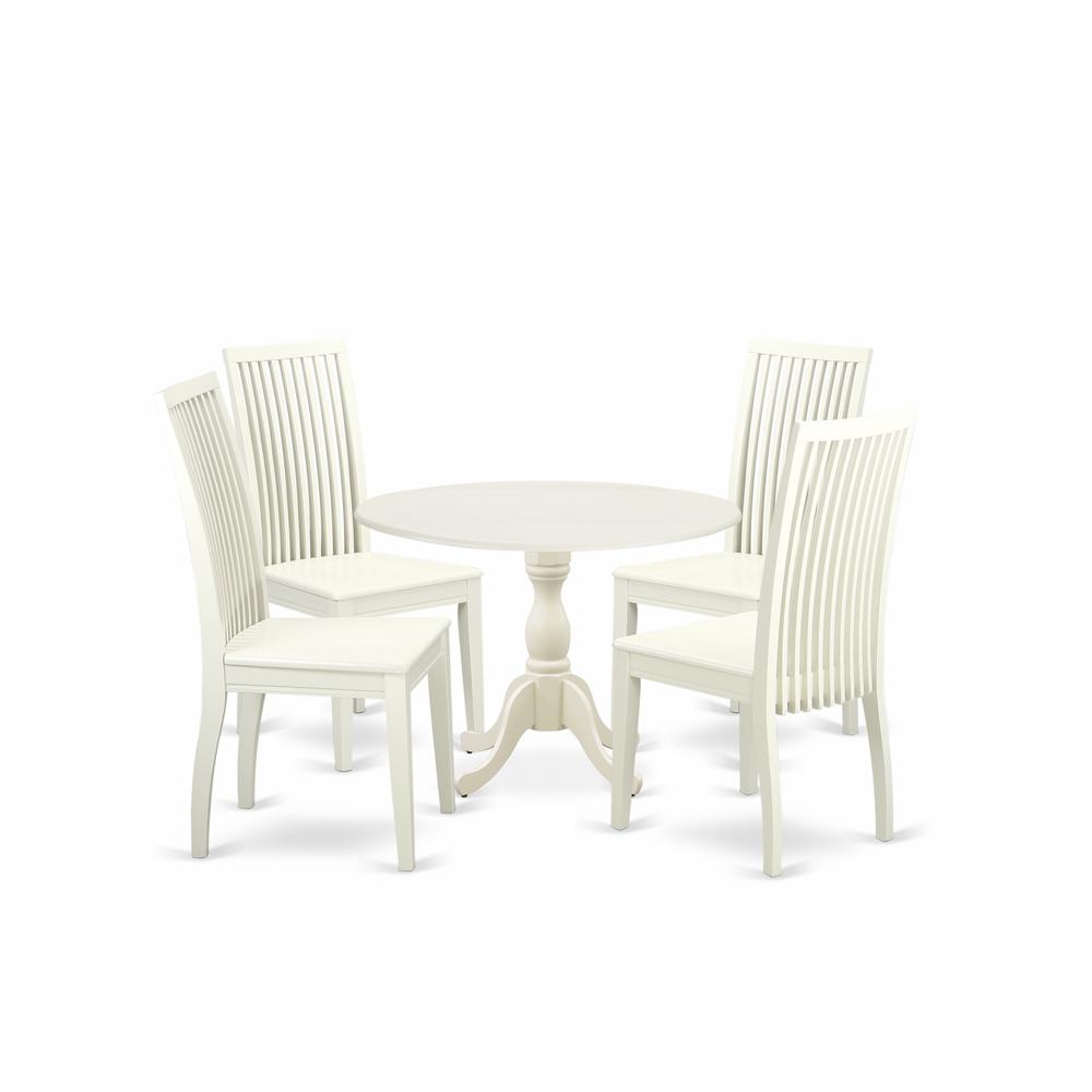 East West Furniture DMIP5-LWH-W 5 Piece Kitchen Table Set Contains 1 Drop Leaves Dining Room Table and 4 Black Kitchen Chair with Slatted Back - Linen White Finish. Picture 1