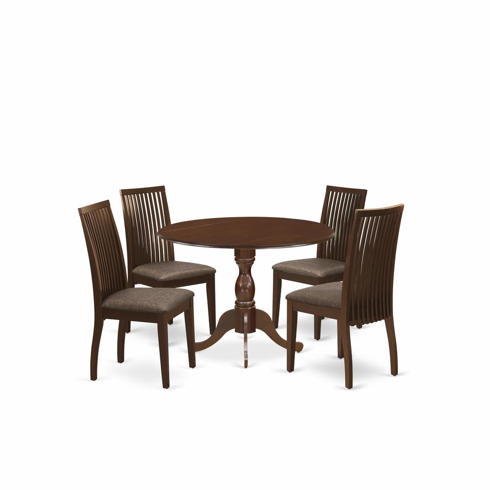 East West Furniture DMIP5-MAH-C 5 Piece Table And Chairs Dining Set - Dining Room Table and 4 Mahogany Linen Fabric Dining Room Chairs - Mahogany Finish. Picture 1