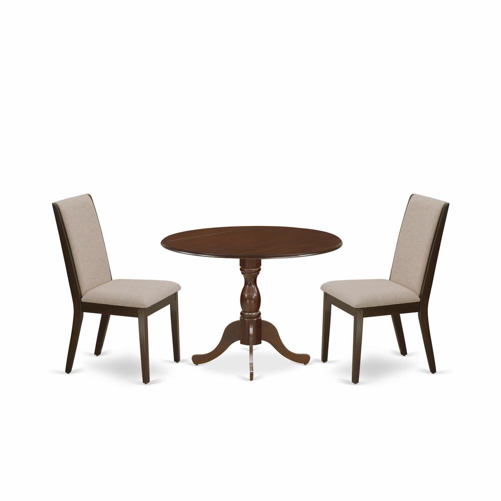 East West Furniture DMLA3-MAH-04 3 Piece Dining Set - Mahogany Breakfast Table and 2 Light Tan Linen Fabric Mid Century Dining Chairs with High Back - Mahogany Finish. Picture 1