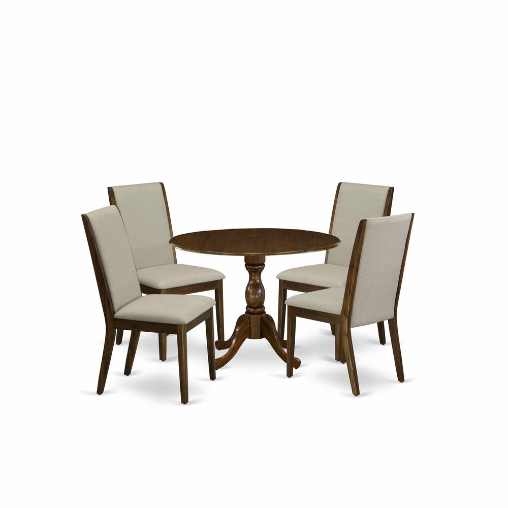 East West Furniture 5 Piece Modern Dining Table Set Includes 1 Drop Leaves Dining Table and 4 Grey Linen Fabric Parsons Chair with High Back - Acacia Walnut Finish. Picture 1