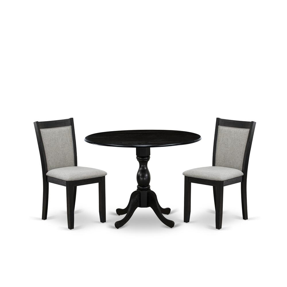 East West Furniture 3-Piece Dining Room Set Includes a Modern Dining Room Table with Drop Leaves and 2 Shitake Linen Fabric Parson Chairs - Wire Brushed Black Finish. Picture 1