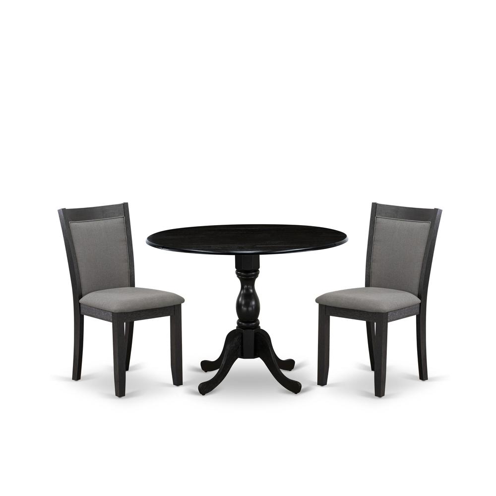 East West Furniture 3-Pc Dinette Set Includes a Wood Dining Table with Drop Leaves and 2 Dark Gotham Grey Linen Fabric Kitchen Chairs - Wire Brushed Black Finish. Picture 1