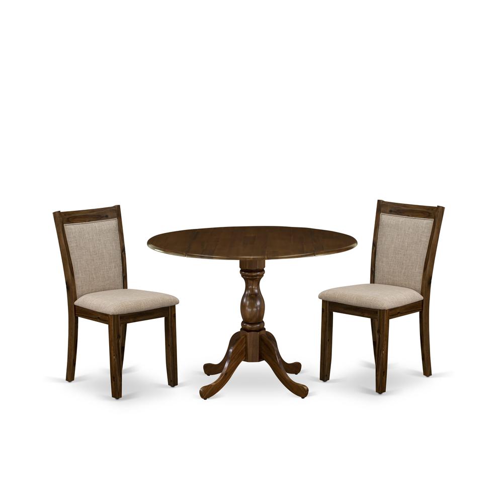East West Furniture 3-Piece Dining Room Set Includes a Wood Table with Drop Leaves and 2 Light Tan Linen Fabric Upholstered Chairs - Sand Blasting Antique Walnut Finish. Picture 1