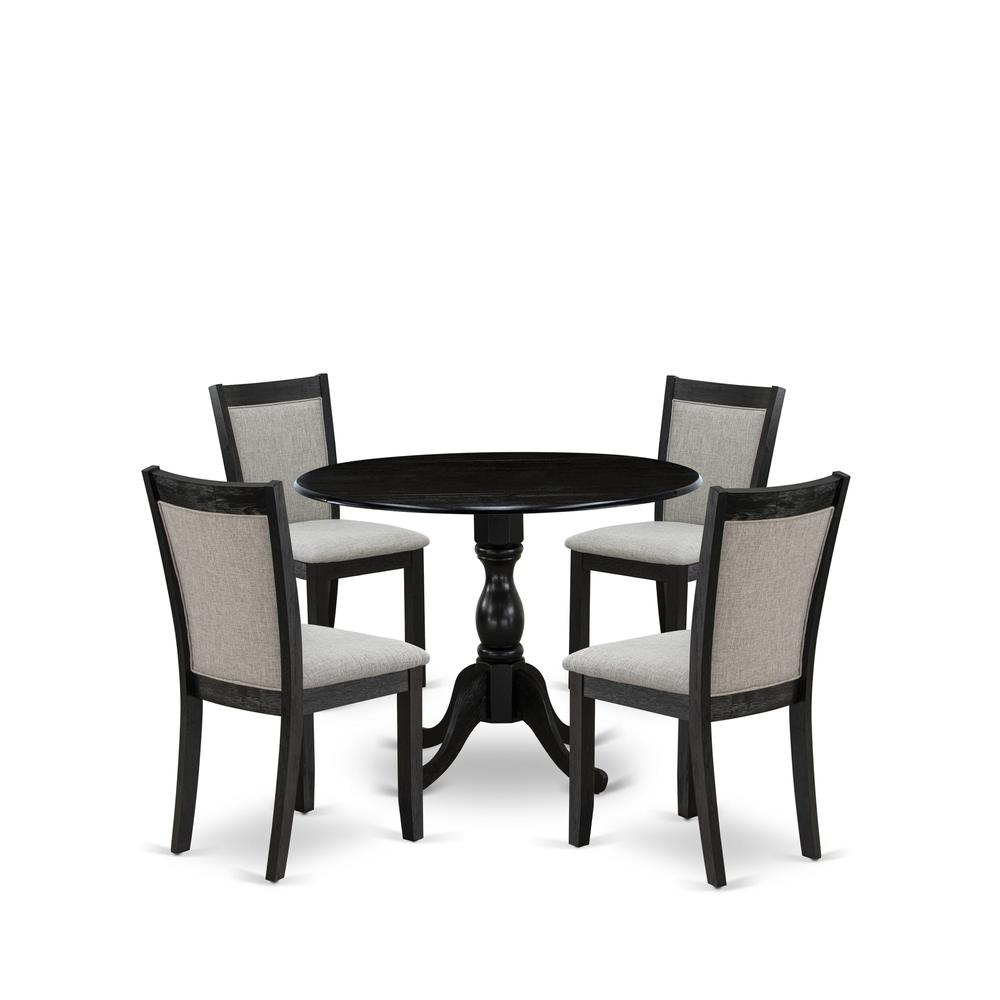 East West Furniture 5-Piece Modern Dining Set Consists of a Pedestal Table with Drop Leaves and 4 Shitake Linen Fabric Kitchen Chairs - Wire Brushed Black Finish. Picture 1