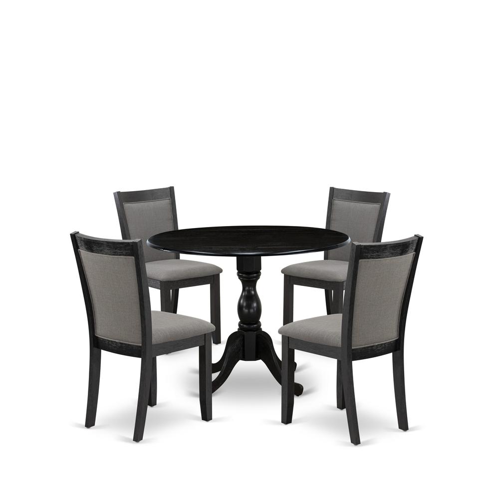East West Furniture 5-Pc Kitchen Dining Set Consists of a Dinner Table with Drop Leaves and 4 Dark Gotham Grey Linen Fabric Upholstered Chairs - Wire Brushed Black Finish. Picture 1