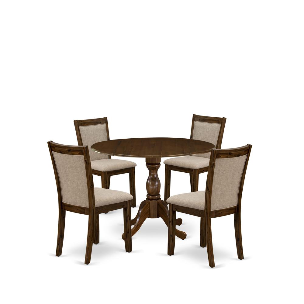 East West Furniture 5-Pc Kitchen Table Set Includes a Wood Dining Table with Drop Leaves and 4 Light Tan Linen Fabric Parson Chairs - Sand Blasting Antique Walnut Finish. Picture 1